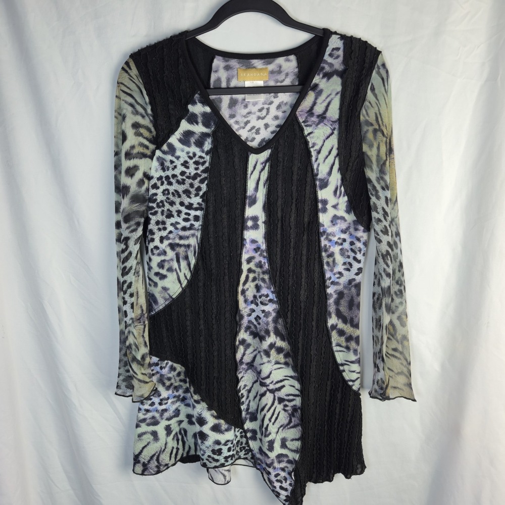 Seandara Tunic Top Large Patchwork Mix Media Bell Sleeve Boho Artsy Animal Print